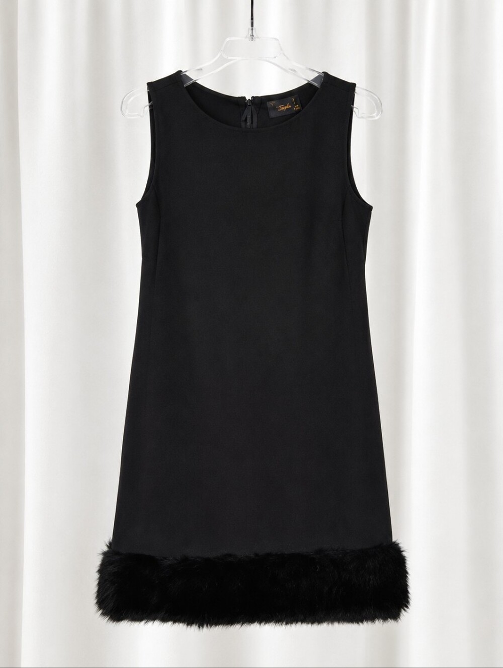 Just Taylor Faux Fur Hem Shift Dress Black Sleeveless Stretch Special Ocassion
